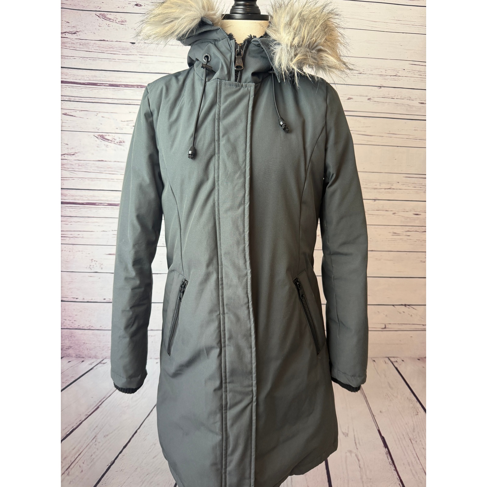 Vince Camuto Small Midi Winter Down Coat Jacket Faux Fur Hood Waterfowl Lined